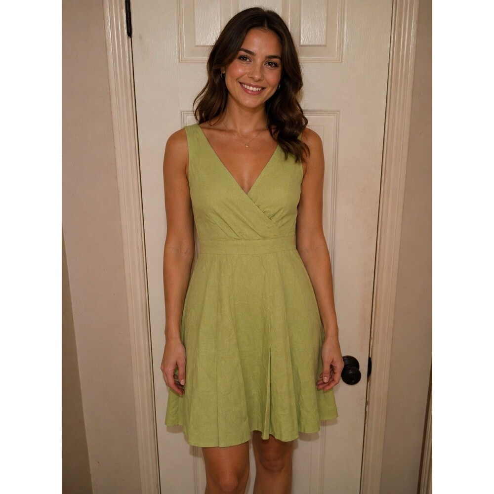 Ann Taylor Linen Dress Wrap Top Pleated Bottom Green Sz 14